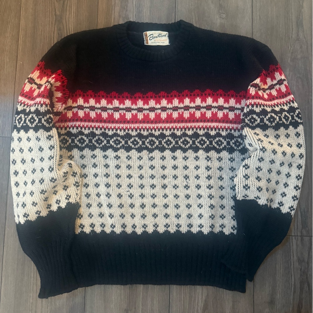 Vintage Brentwood 100% Virgin Wool Fair Isle Sweater Black Red Nordic Knit Med